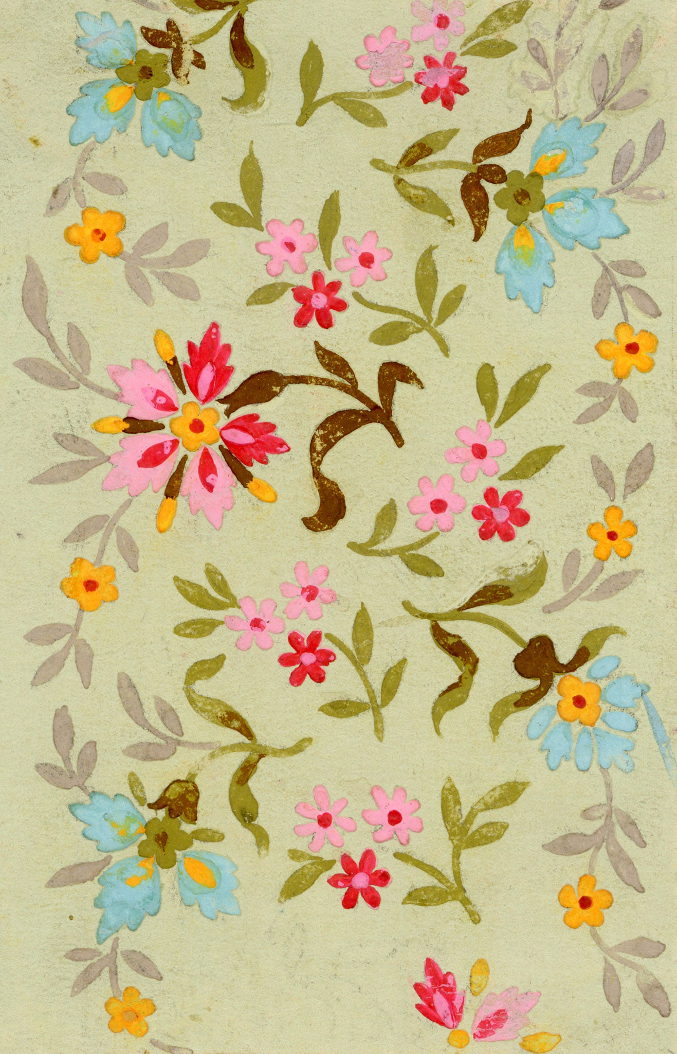 Anon., Antique French Textile Design: Miniature Spring Floral – 1880s gouache painting
