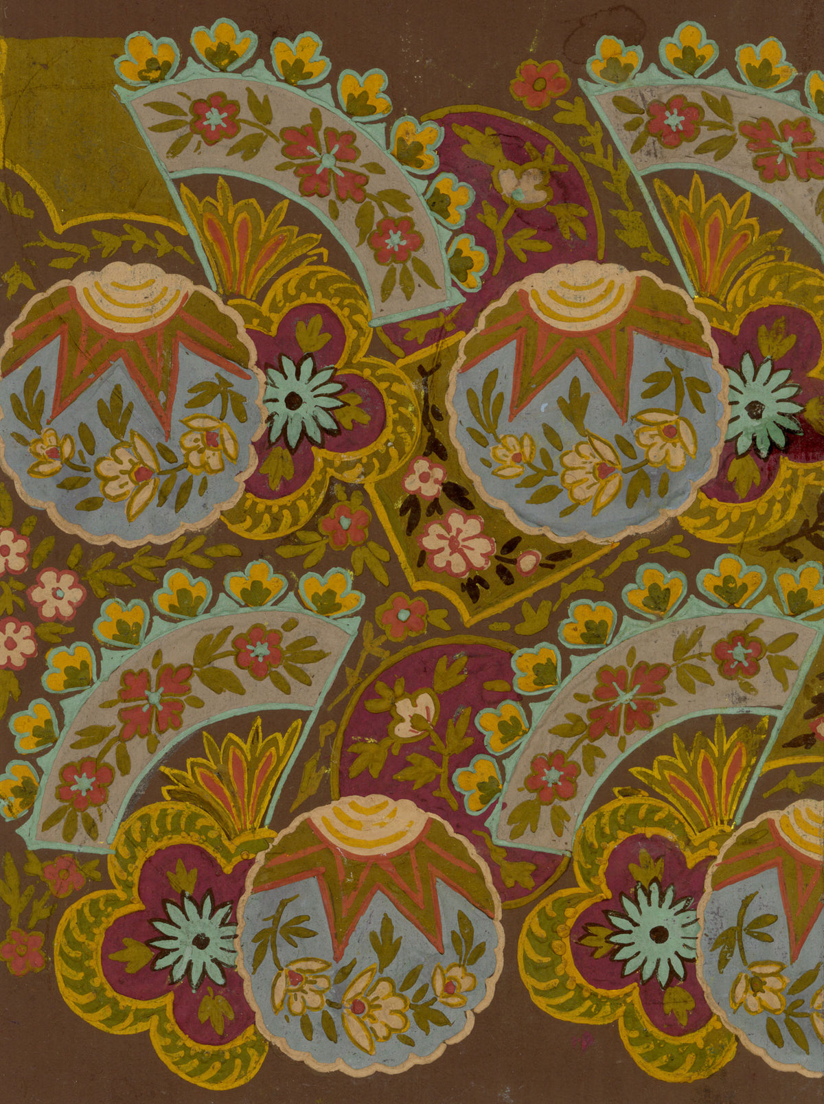 Anon., Antique French Textile Design: Indo-Persian Fan – 1880s gouache painting