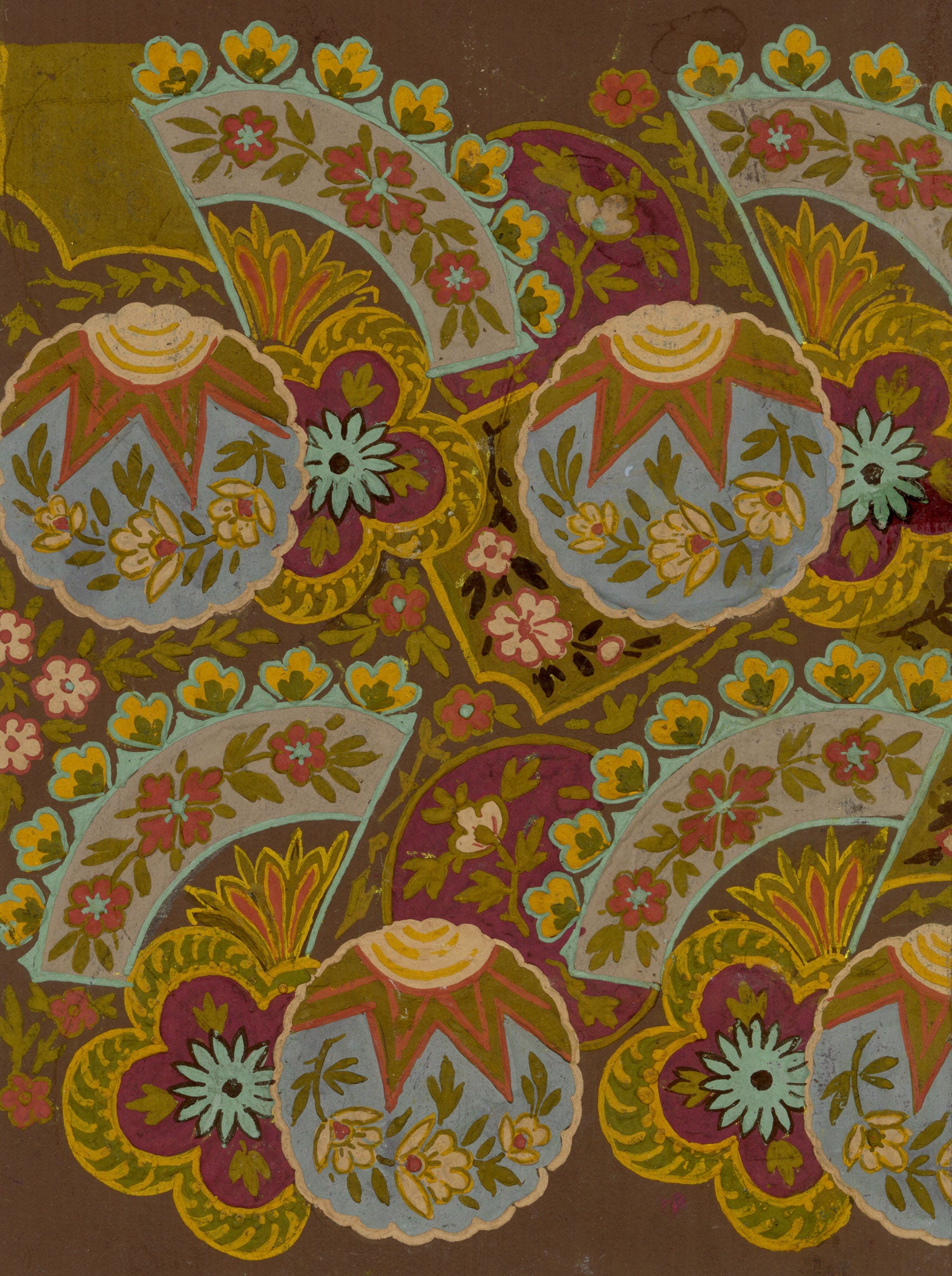 Anon., Antique French Textile Design: Indo-Persian Fan – 1880s gouache painting