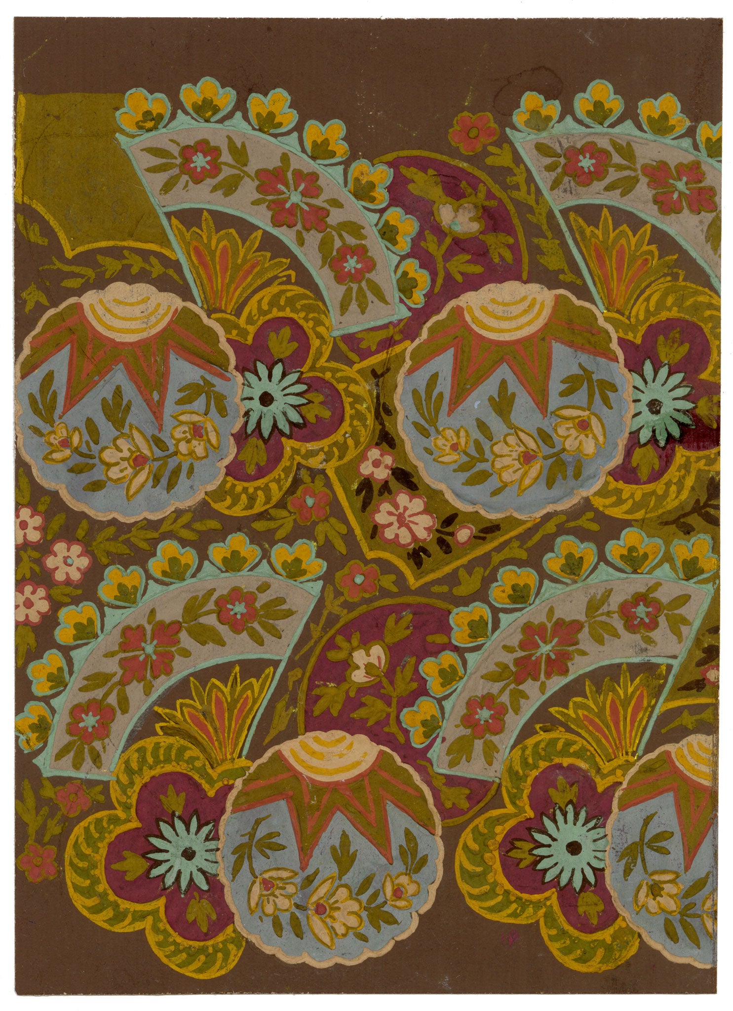 Anon., Antique French Textile Design: Indo-Persian Fan – 1880s gouache painting