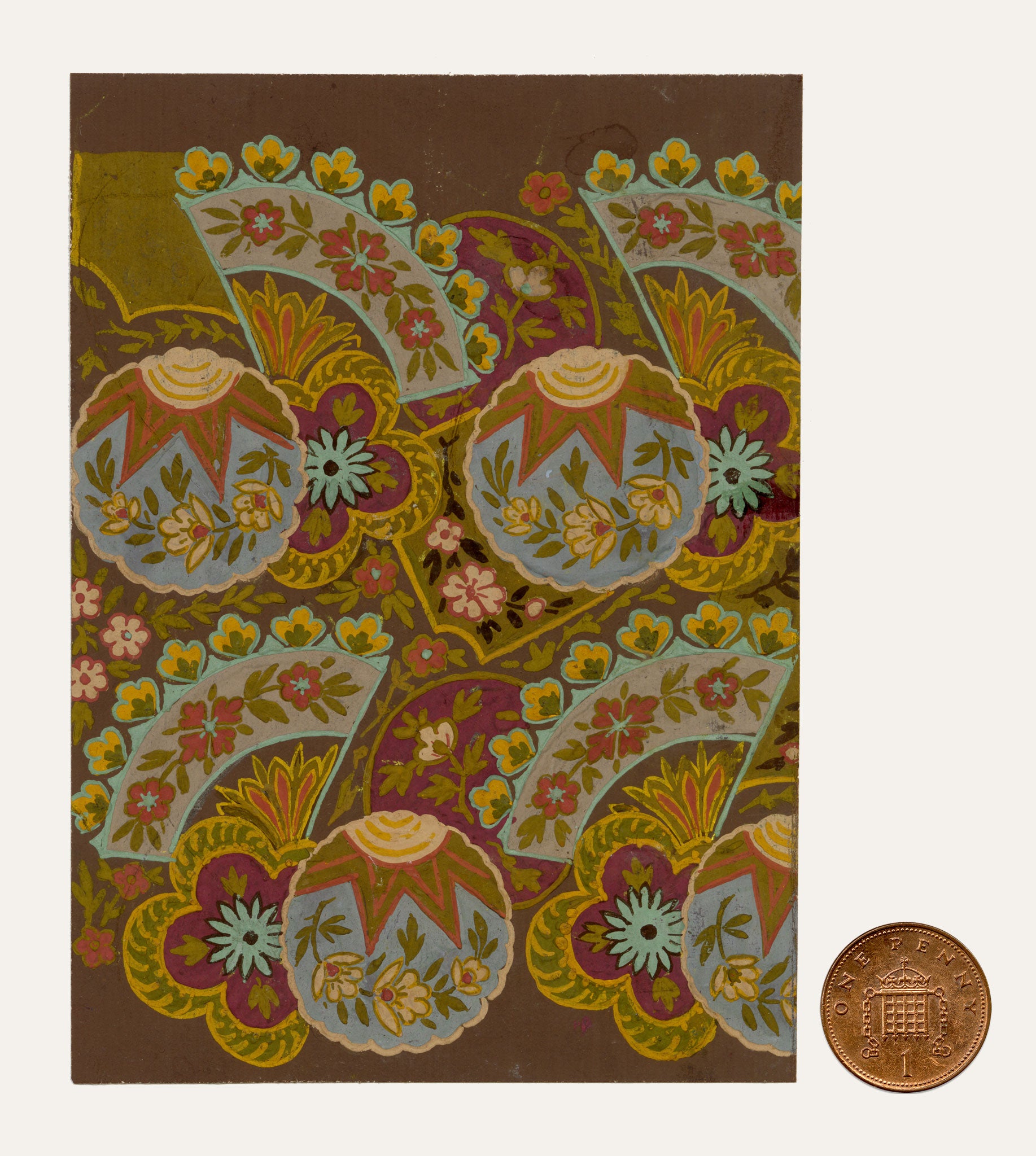 Anon., Antique French Textile Design: Indo-Persian Fan – 1880s gouache painting