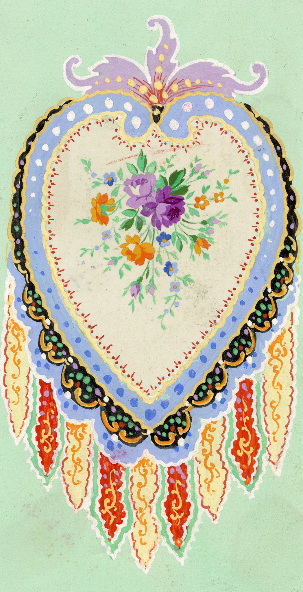 Anon., Antique French Textile Design: Miniature Rose Persian Paisley – 1880s gouache painting