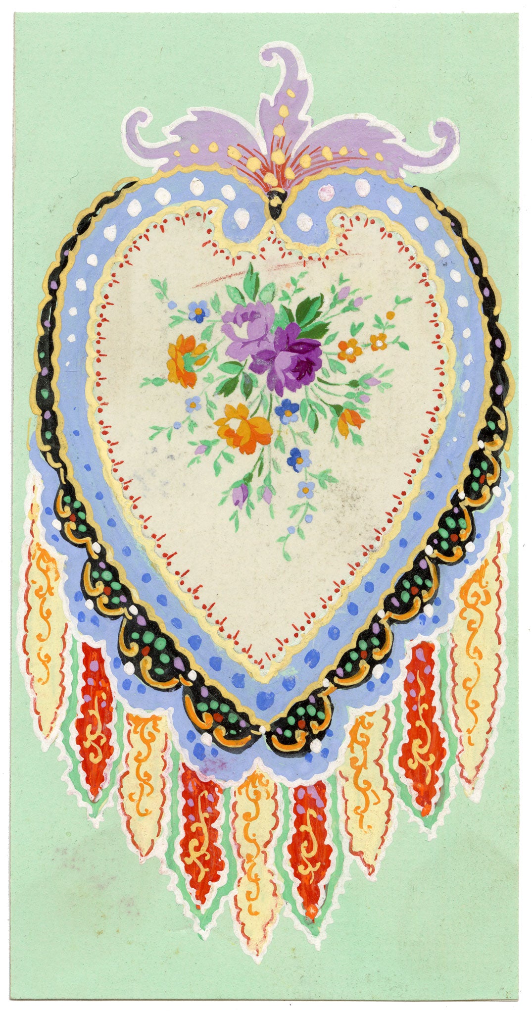 Anon., Antique French Textile Design: Miniature Rose Persian Paisley – 1880s gouache painting