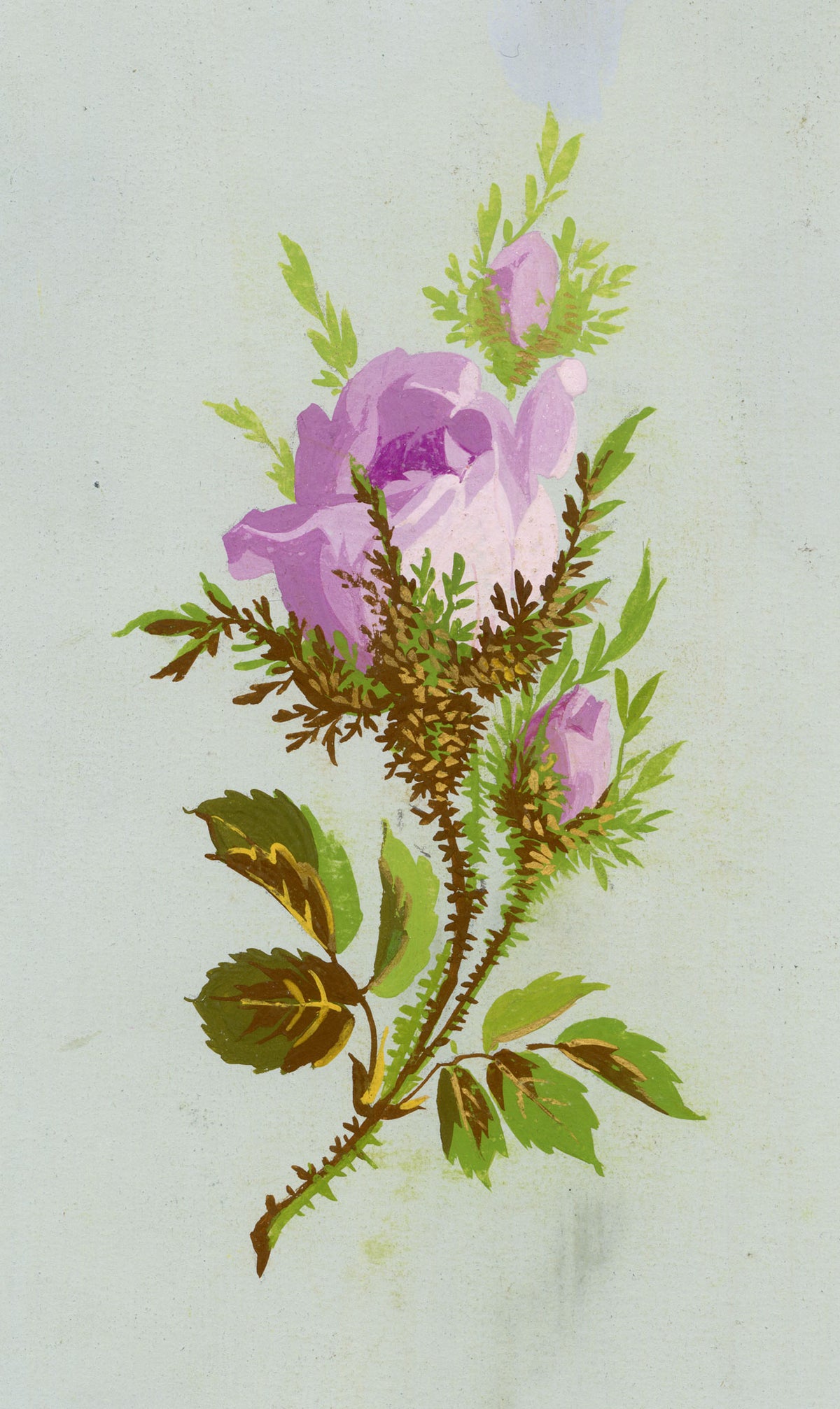 Anon., Antique French Textile Design: Purple Rose Flower – 1880s gouache painting