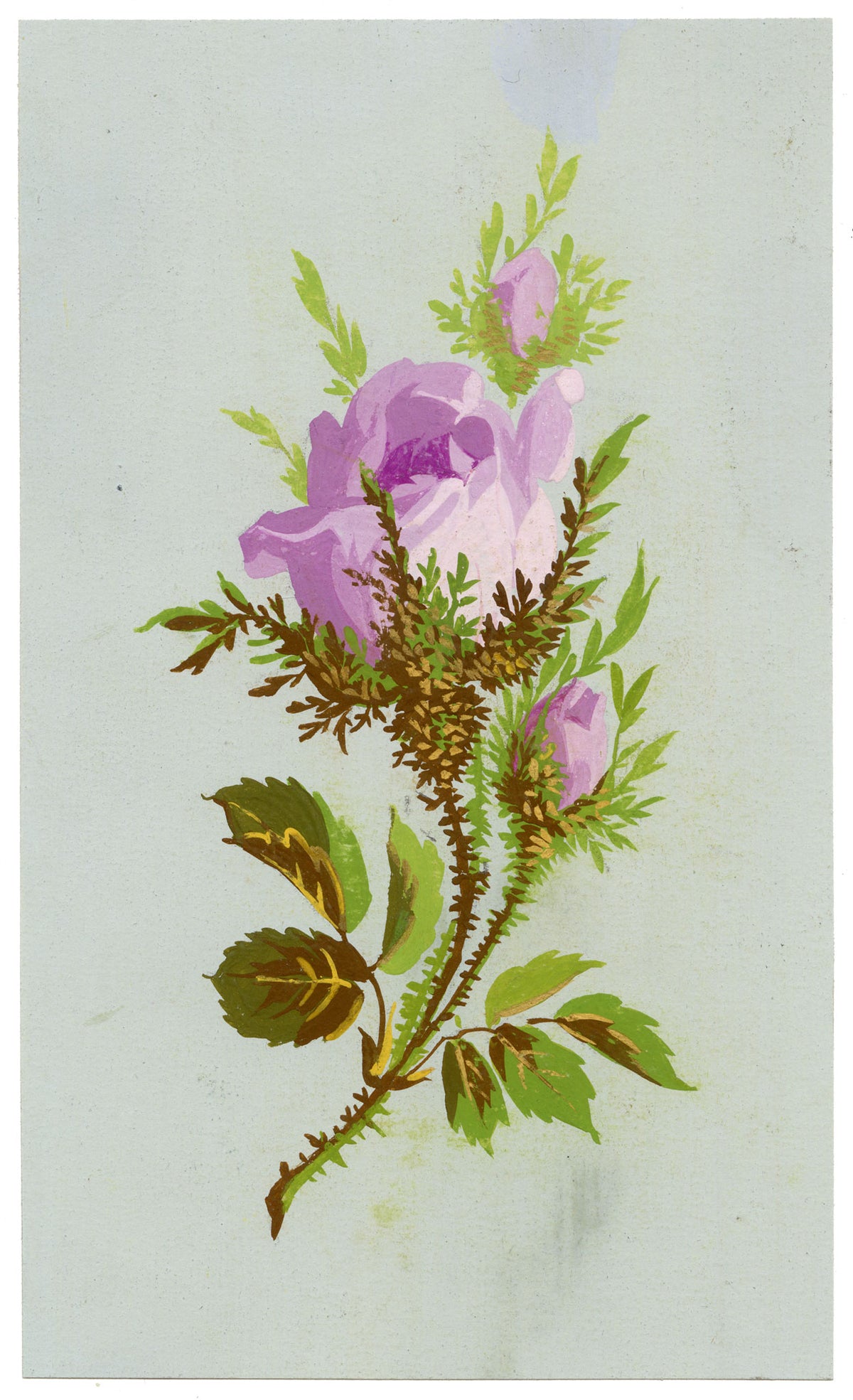 Anon., Antique French Textile Design: Purple Rose Flower – 1880s gouache painting