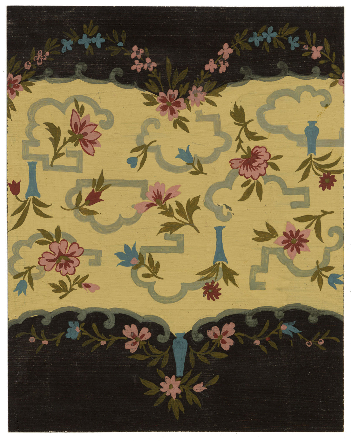 Anon., Antique French Textile Design: Floral Marquetry – 1880s gouache painting