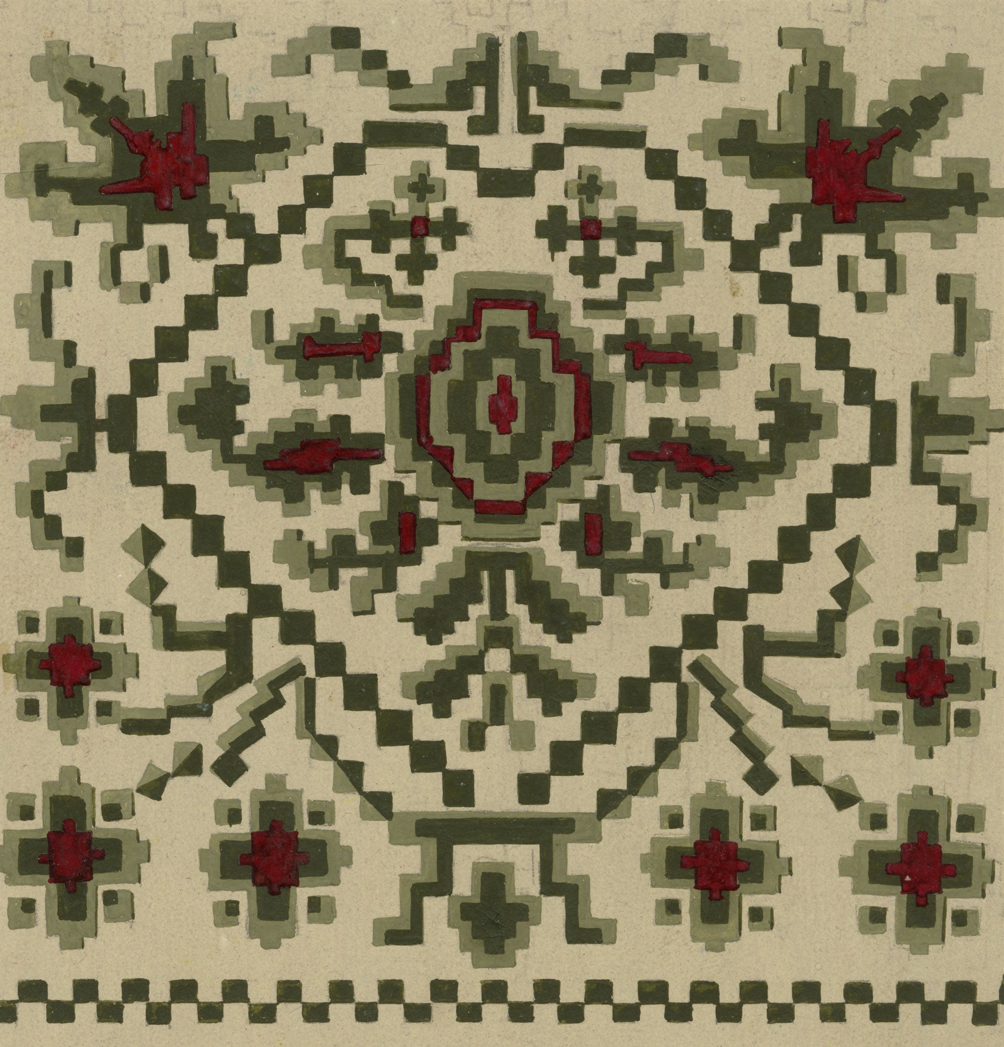 Anon., Antique French Textile Design: Aztec Jacquard – 1880s gouache painting