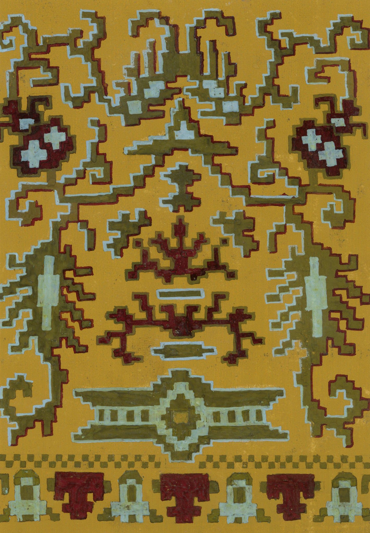 Anon., Antique French Textile Design: Aztec Jacquard on Yellow – 1880s gouache painting
