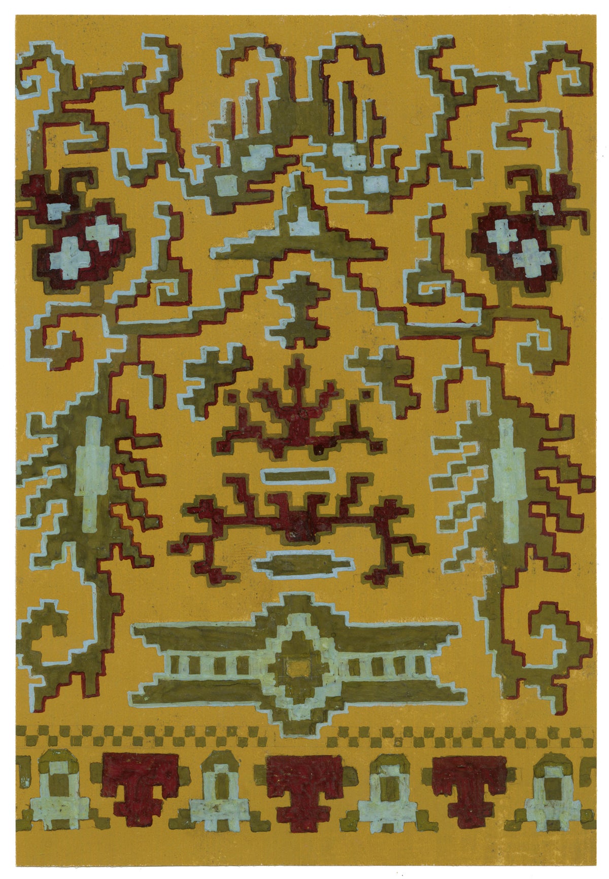 Anon., Antique French Textile Design: Aztec Jacquard on Yellow – 1880s gouache painting