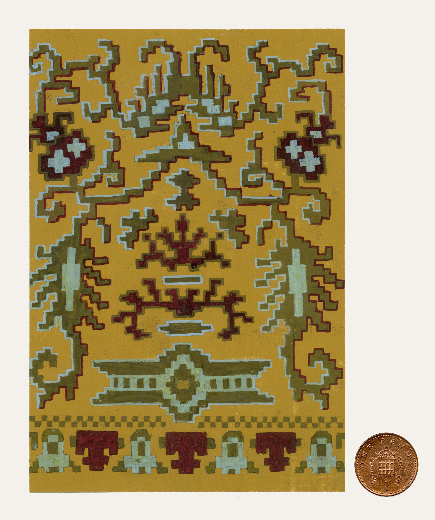 Anon., Antique French Textile Design: Aztec Jacquard on Yellow – 1880s gouache painting