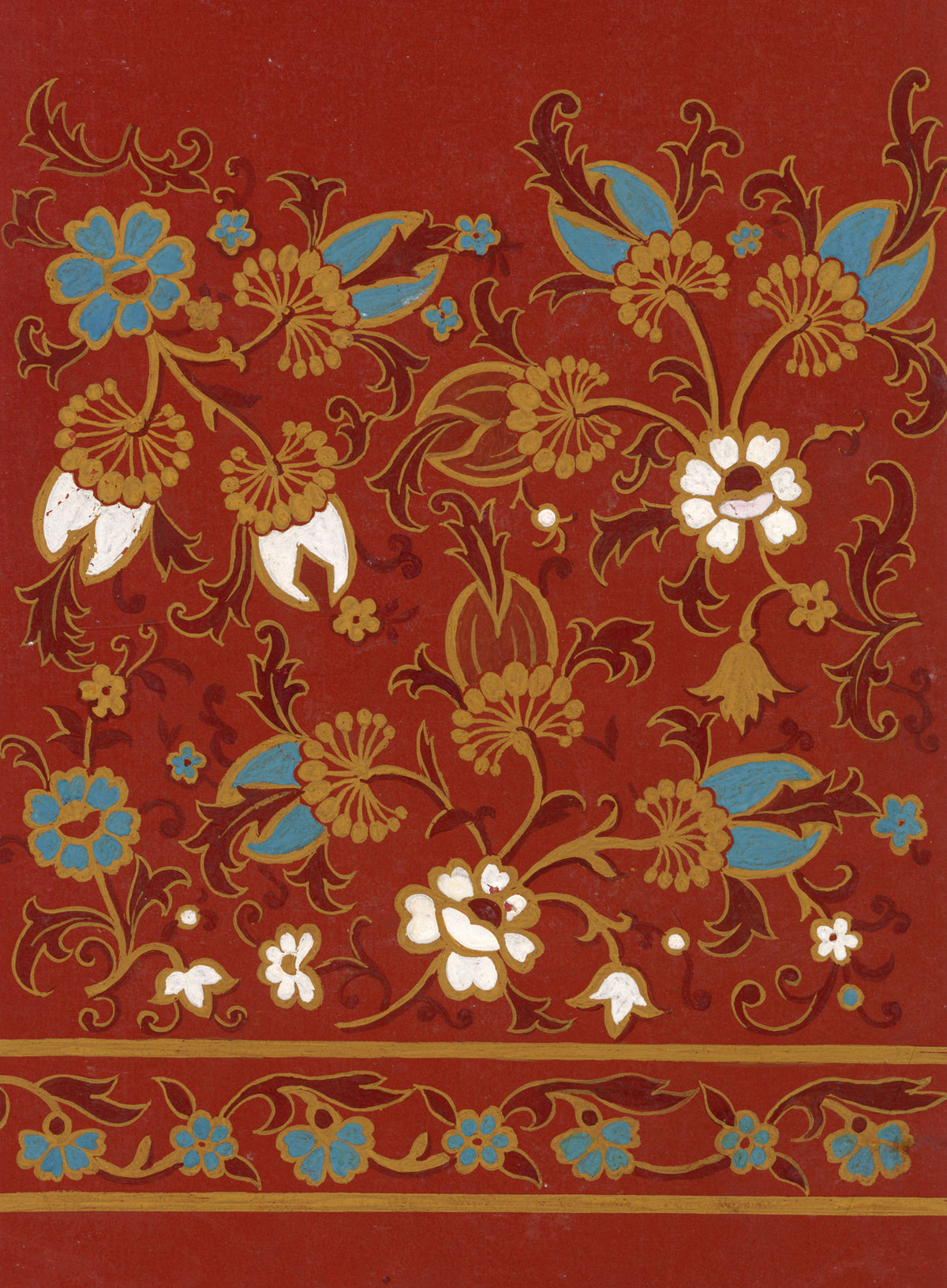 Anon., Antique French Textile Design: Indian Mughal Floral on Red – 1880s gouache painting