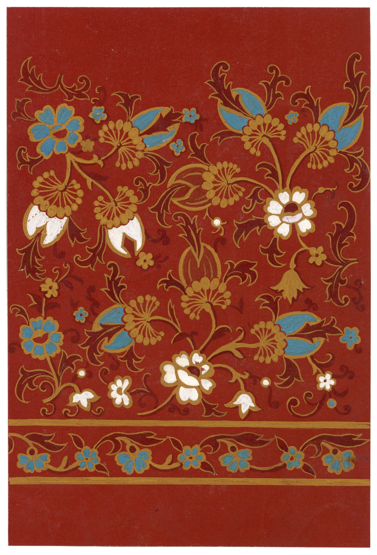 Anon., Antique French Textile Design: Indian Mughal Floral on Red – 1880s gouache painting