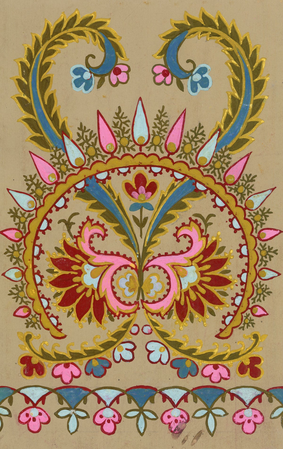 Anon., Antique French Textile Design: Indian Floral Mandala – 1880s gouache painting