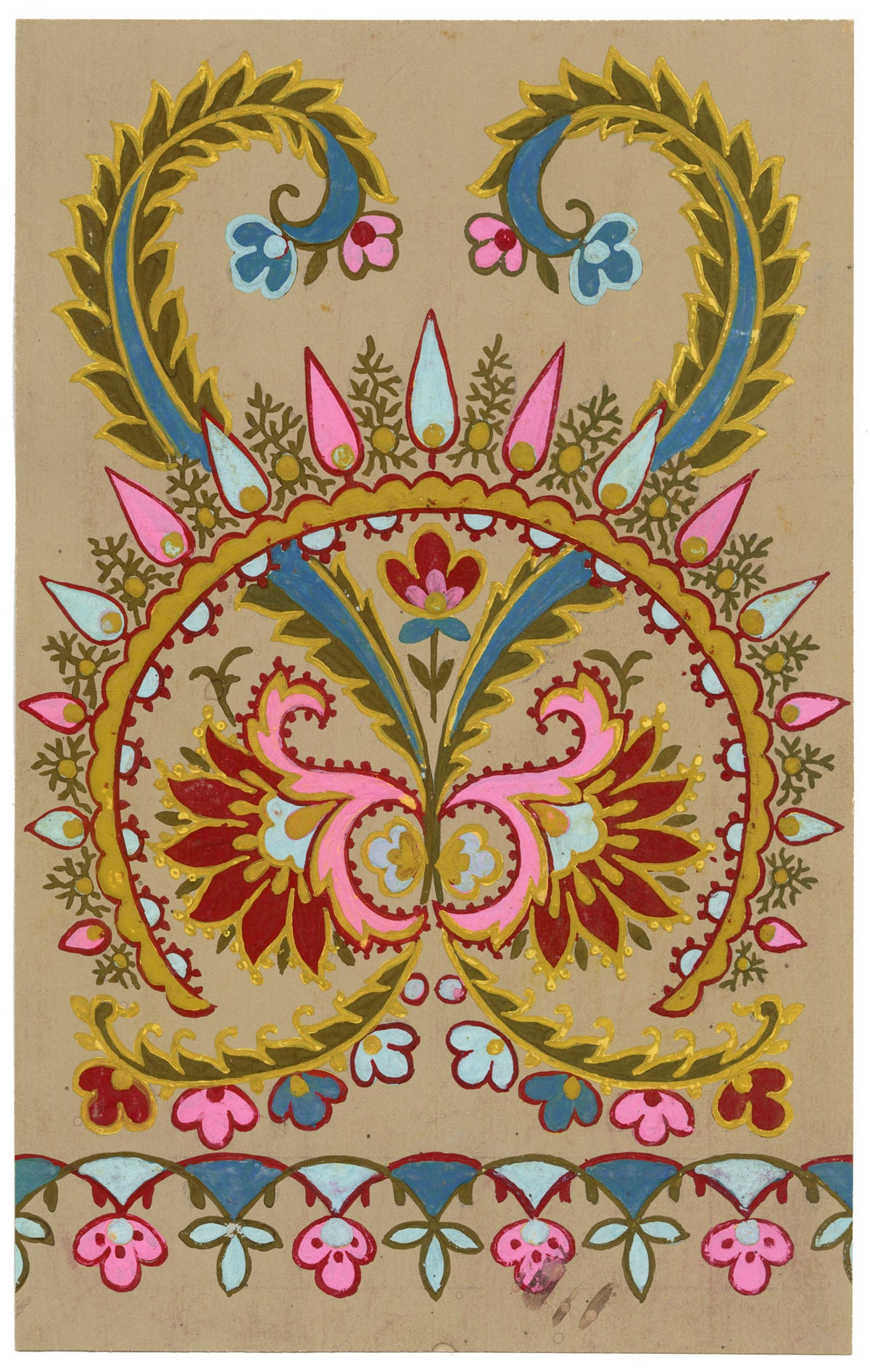 Anon., Antique French Textile Design: Indian Floral Mandala – 1880s gouache painting