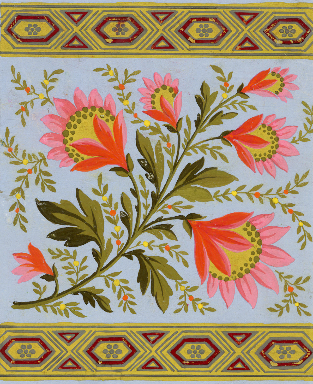 Anon., Antique French Textile Design: Bright Indian Mughal Floral – 1880s gouache painting