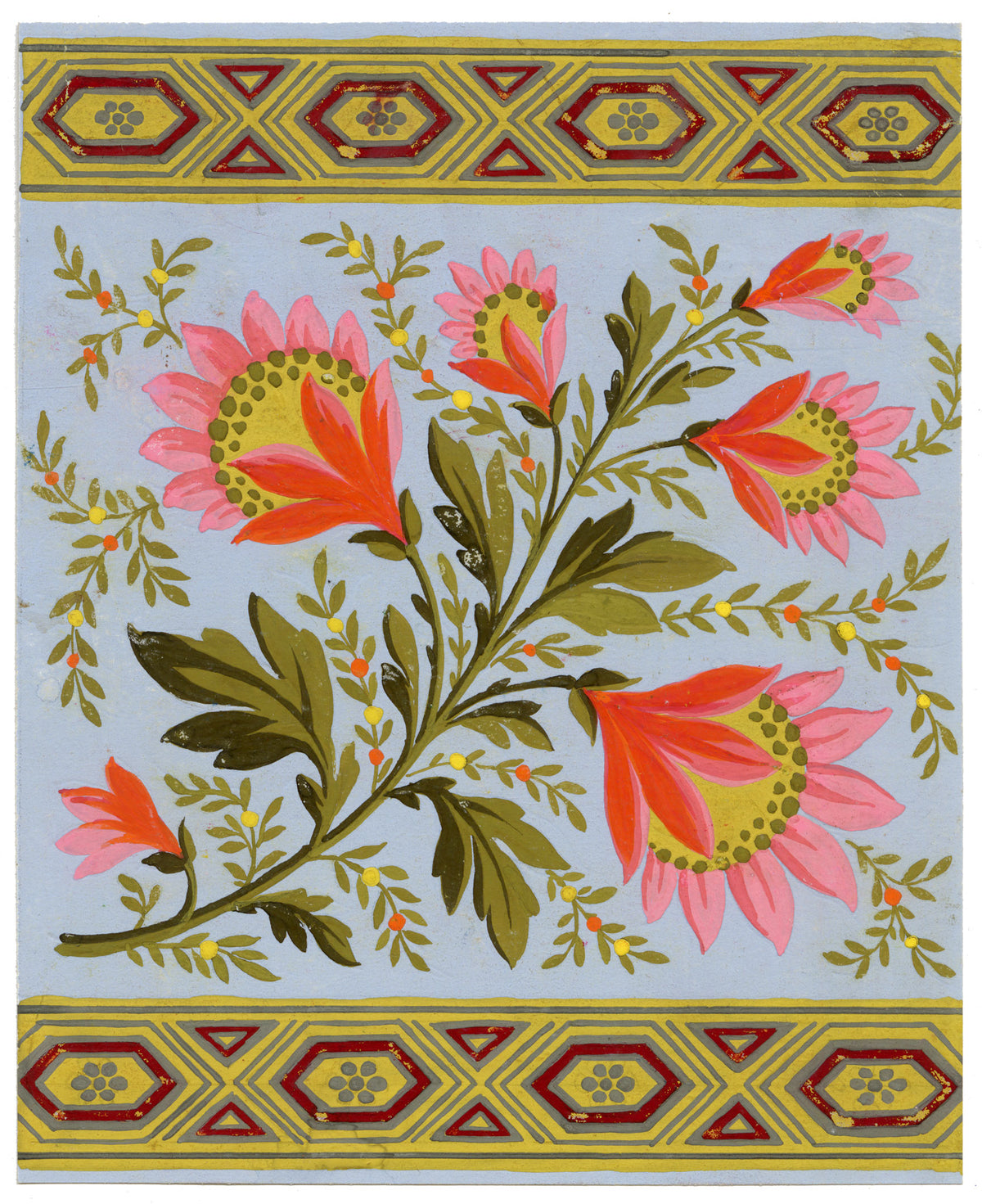 Anon., Antique French Textile Design: Bright Indian Mughal Floral – 1880s gouache painting