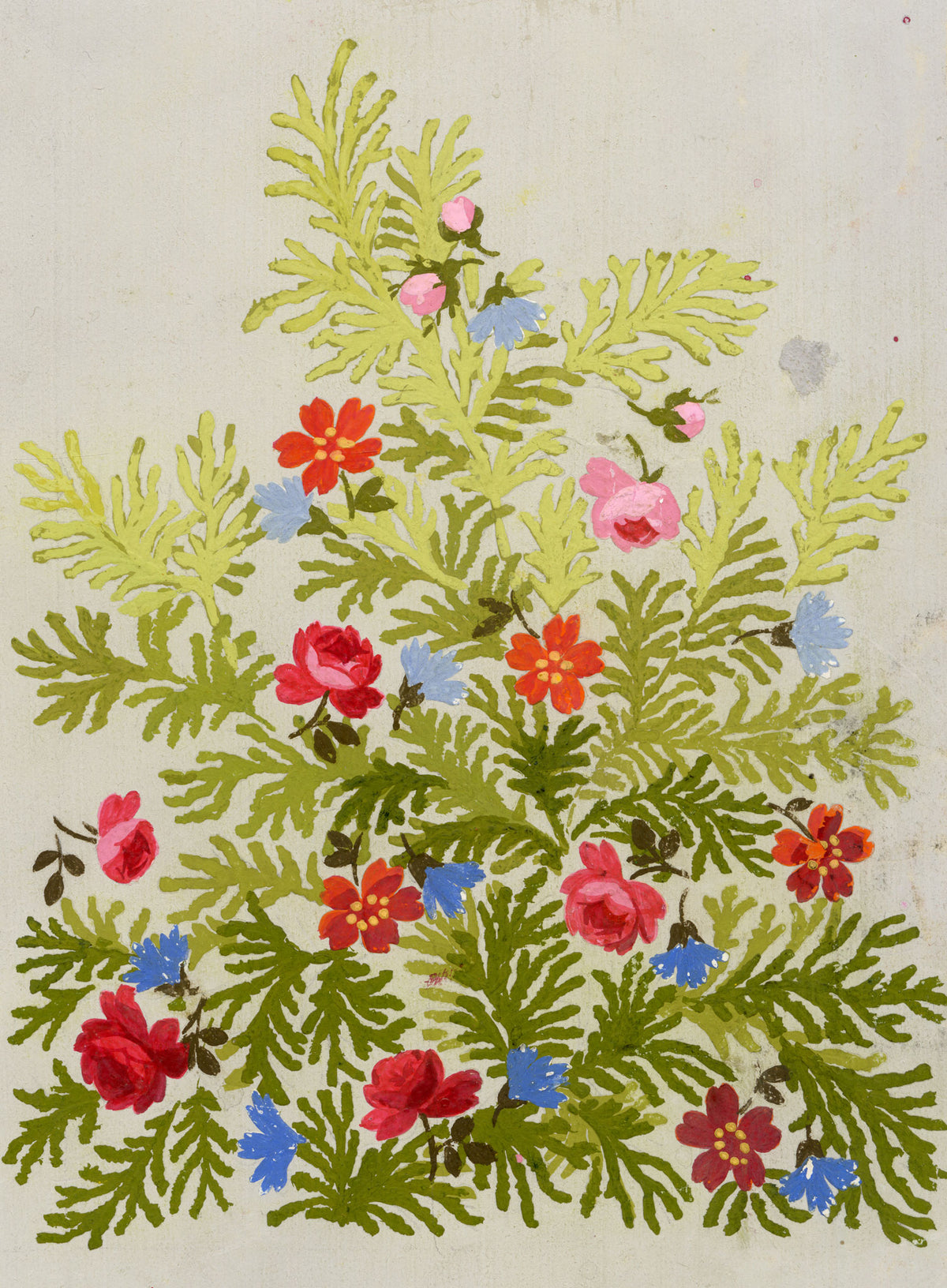 Anon., Antique French Textile Design: Green Fern Floral – 1880s gouache painting