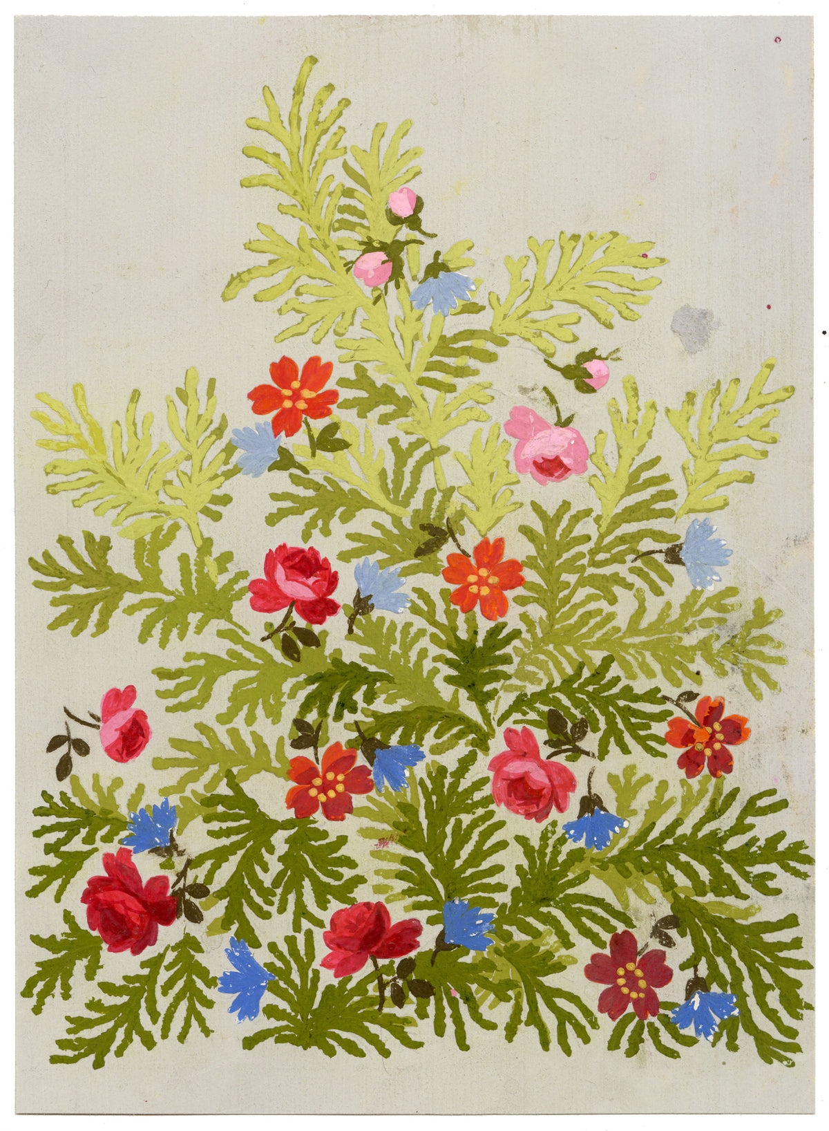 Anon., Antique French Textile Design: Green Fern Floral – 1880s gouache painting