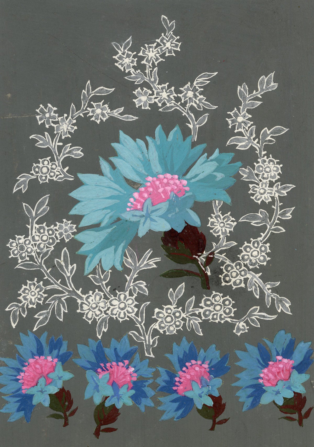 Anon., Antique French Textile Design: Cornflower Lace Floral – 1880s gouache painting