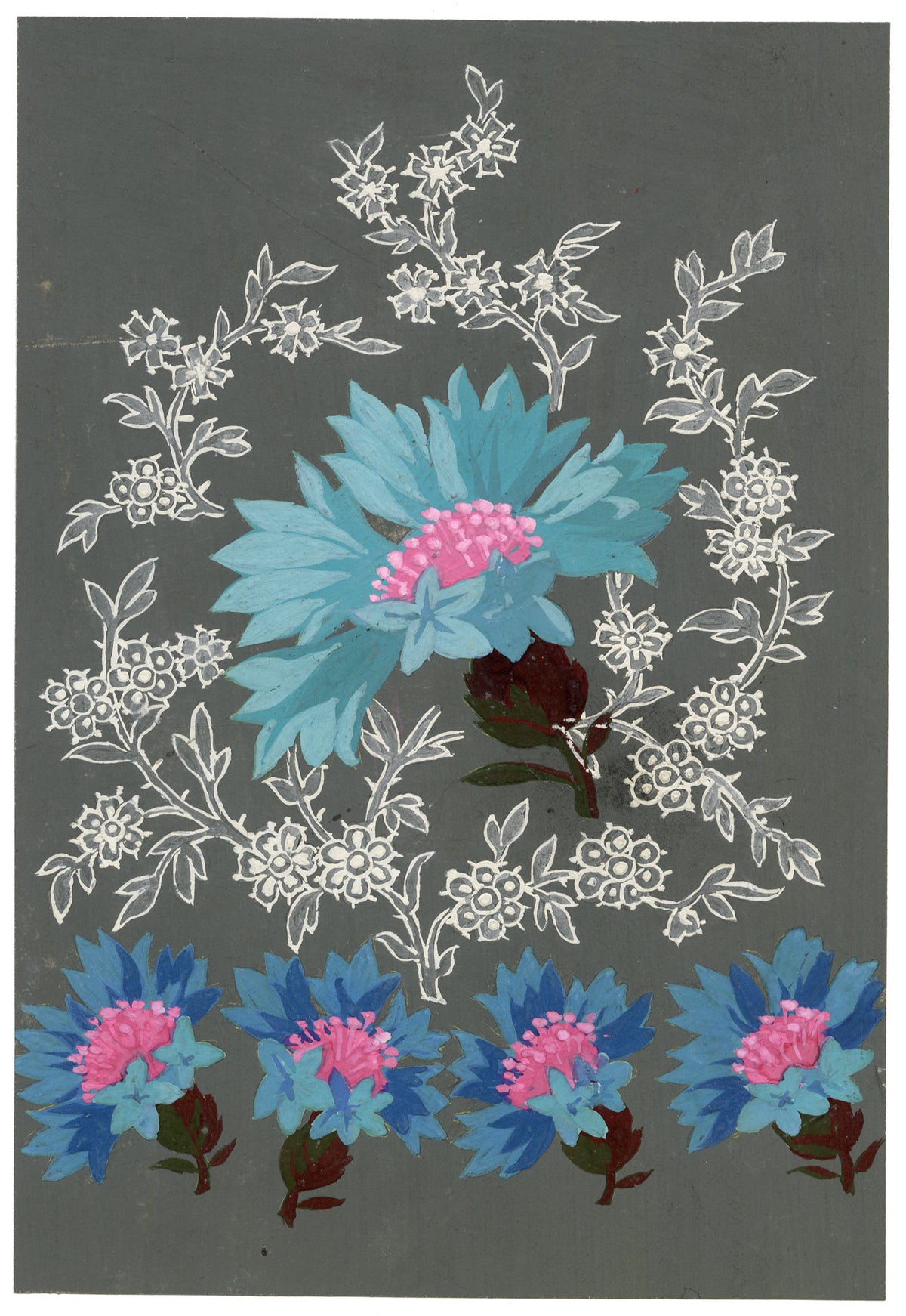 Anon., Antique French Textile Design: Cornflower Lace Floral – 1880s gouache painting