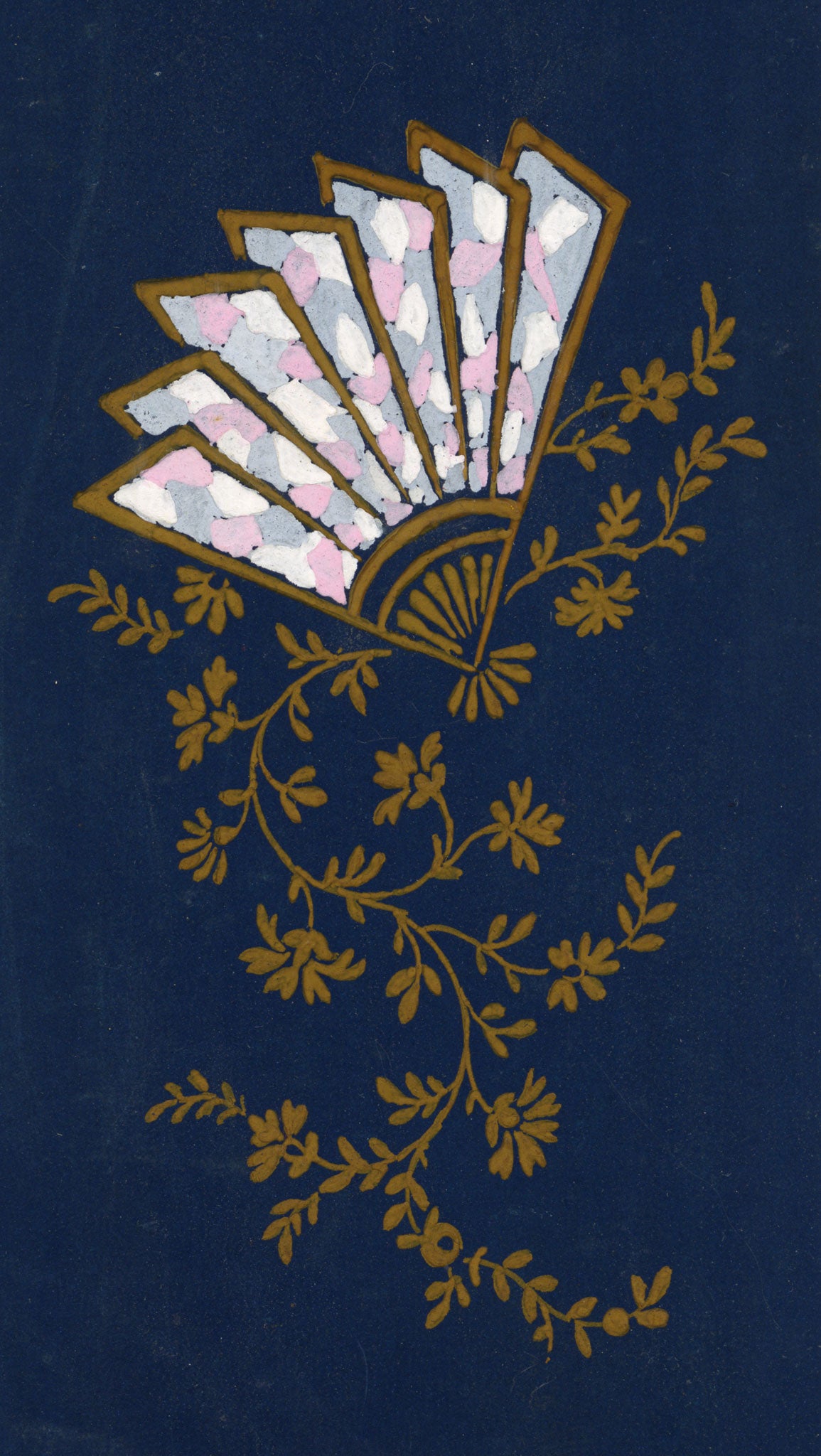 Anon., Antique French Textile Design: Geometric Fan Floral – 1880s gouache painting