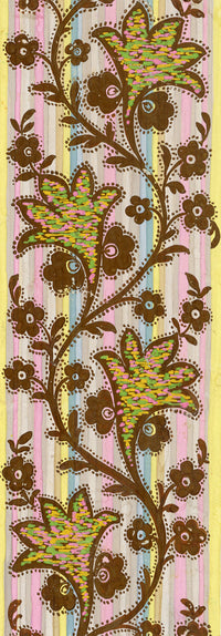 Anon., Antique French Textile Design: Rainbow Stripe Floral Arabesque – 1880s gouache painting