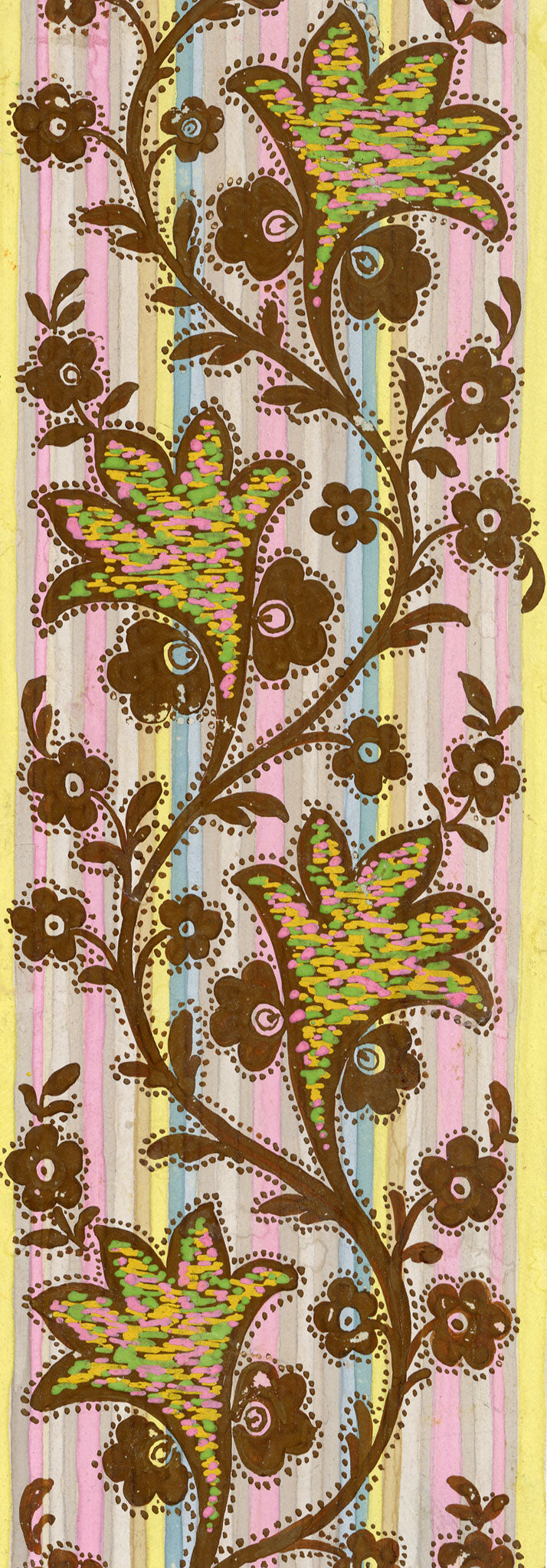 Anon., Antique French Textile Design: Rainbow Stripe Floral Arabesque – 1880s gouache painting