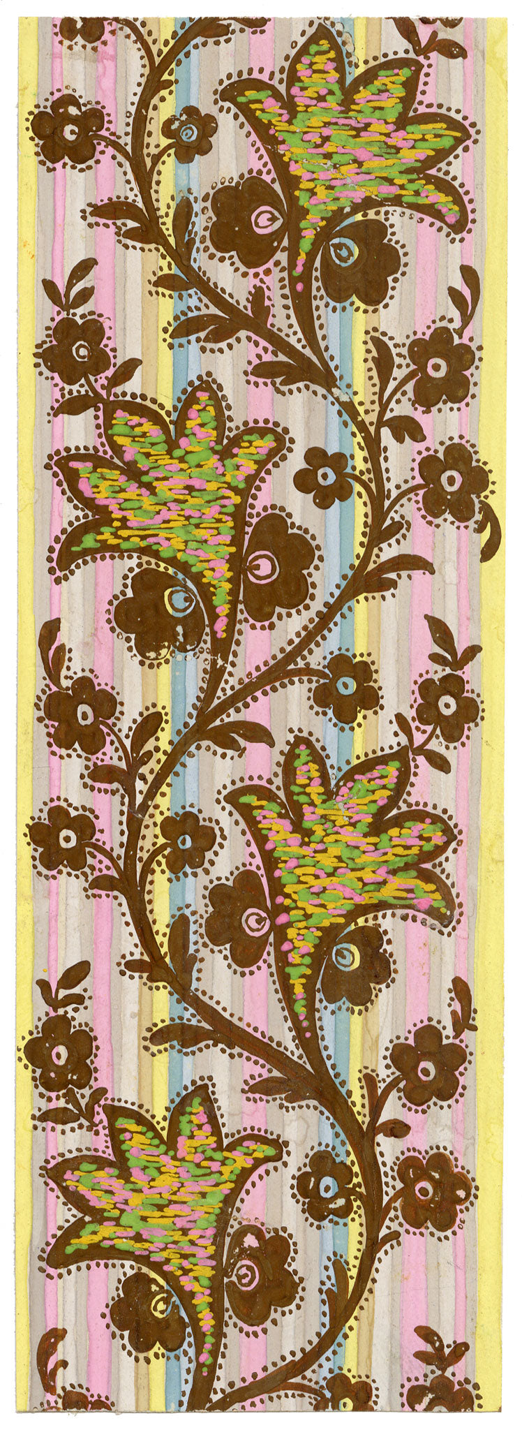 Anon., Antique French Textile Design: Rainbow Stripe Floral Arabesque – 1880s gouache painting