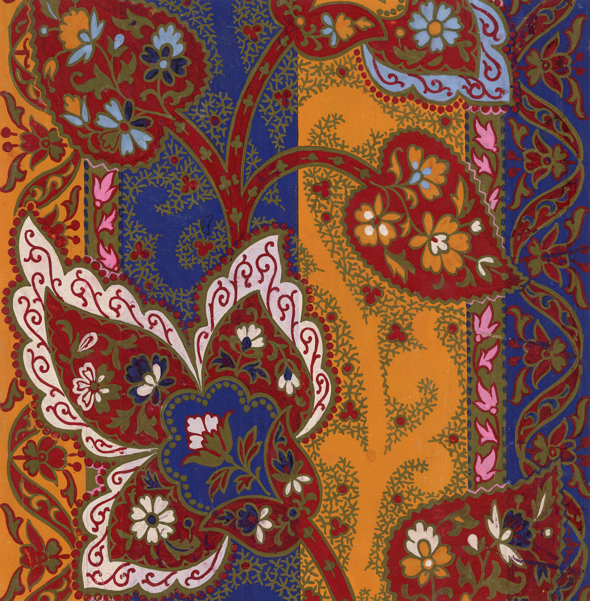 Anon., Antique French Textile Design: Indian Mughal Floral Paisley – 1880s gouache painting