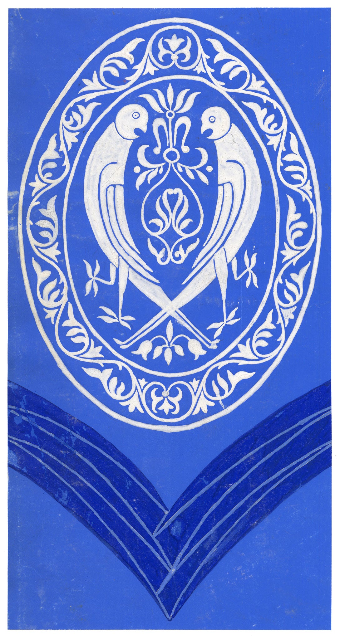 Anon., Antique French Textile Design: Royal Blue Mughal Birds – 1880s gouache painting