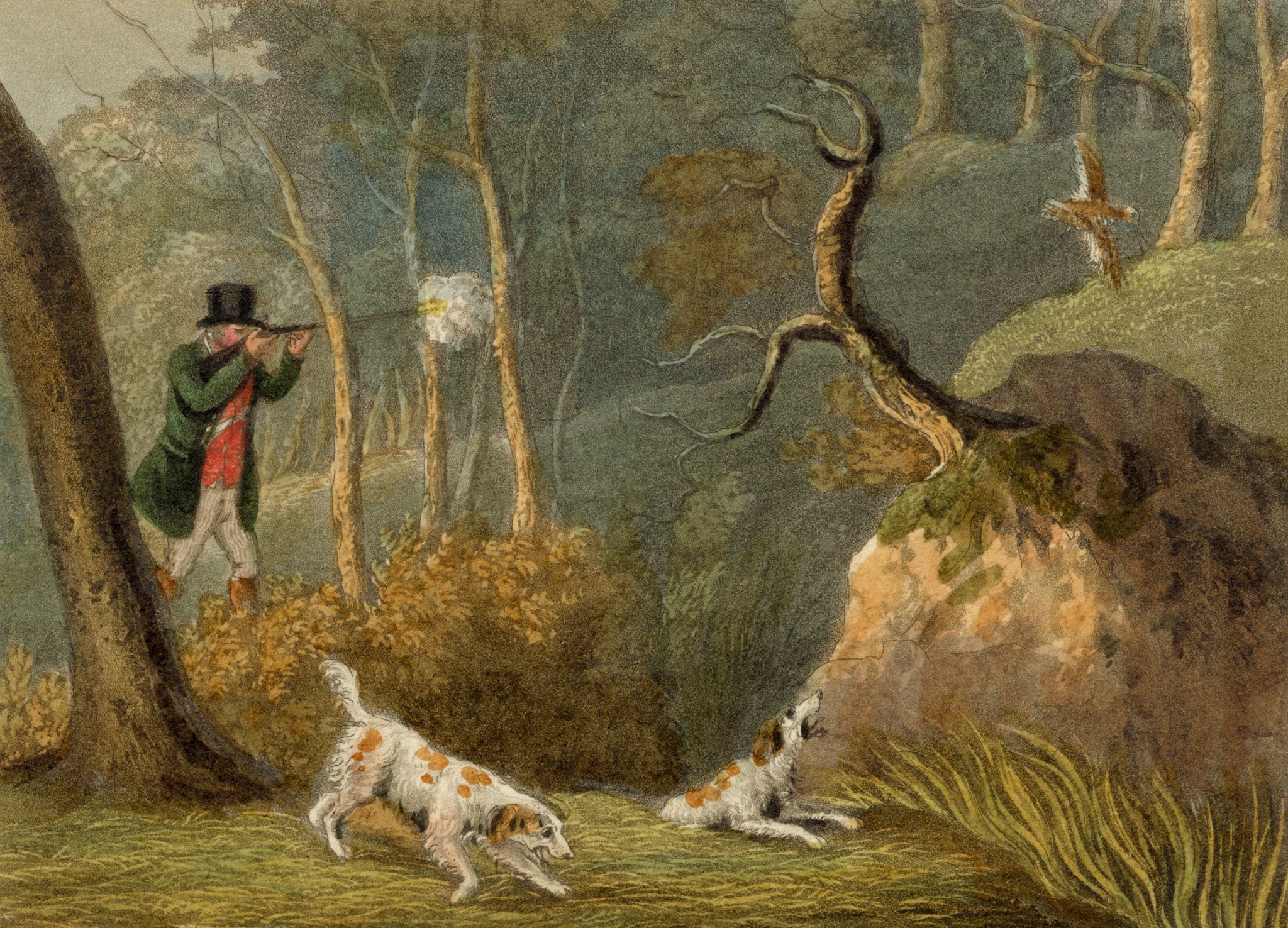 Anon., Huntsman & Hounds Pheasant Shooting – Early 19th-century aquatint print