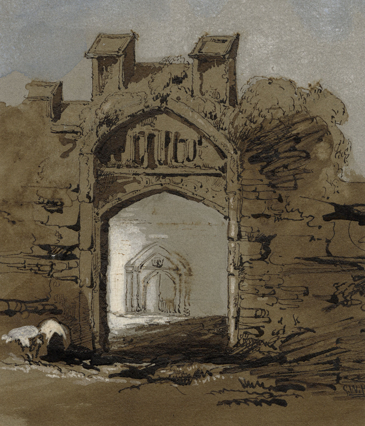 G.W.H., Picturesque Abbey Gate – Early 19th-century watercolour painting