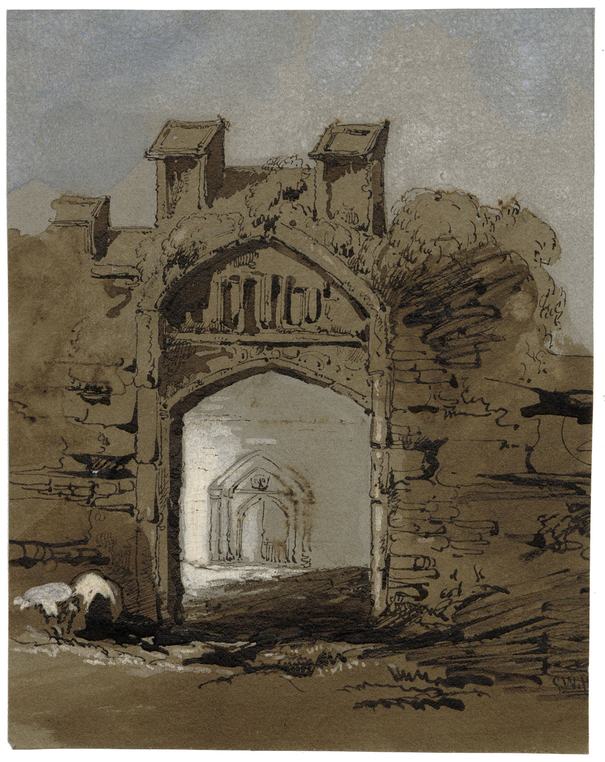 G.W.H., Picturesque Abbey Gate – Early 19th-century watercolour painting