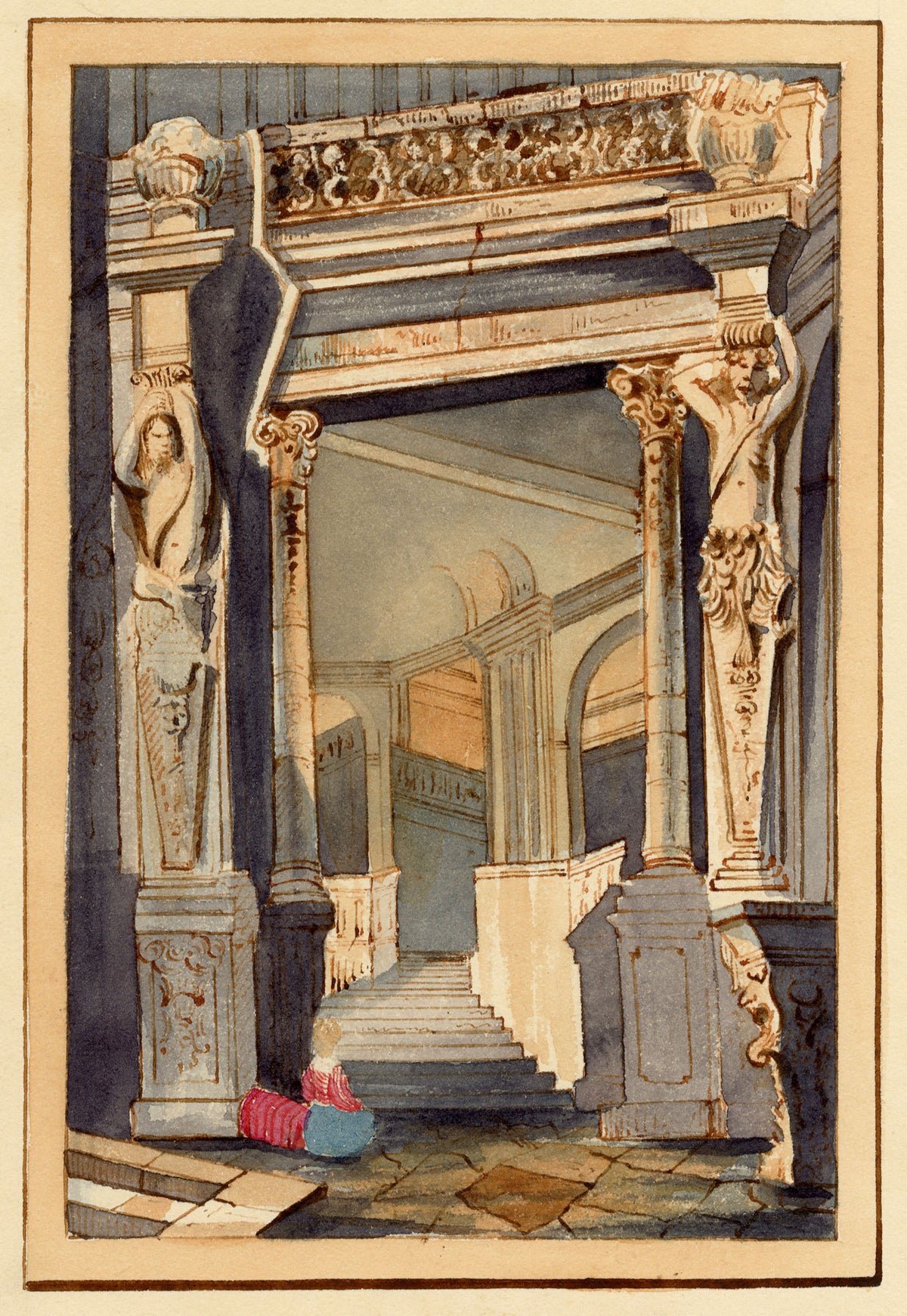 Anon., Interior of Zwinger Palace, Dresden, after Samuel Prout – Early 19th-century watercolour painting