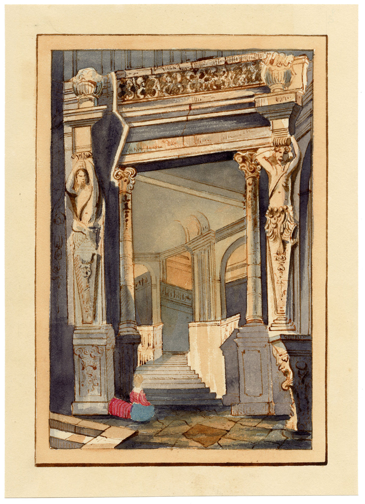 Anon., Interior of Zwinger Palace, Dresden, after Samuel Prout – Early 19th-century watercolour painting