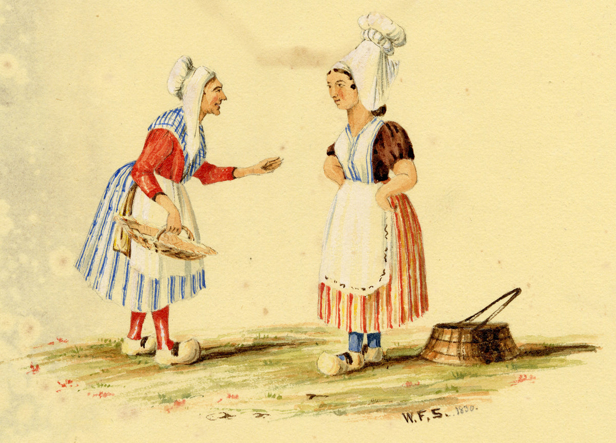 W.F.S., Normandy Women in Traditional Dress – 1830 watercolour painting