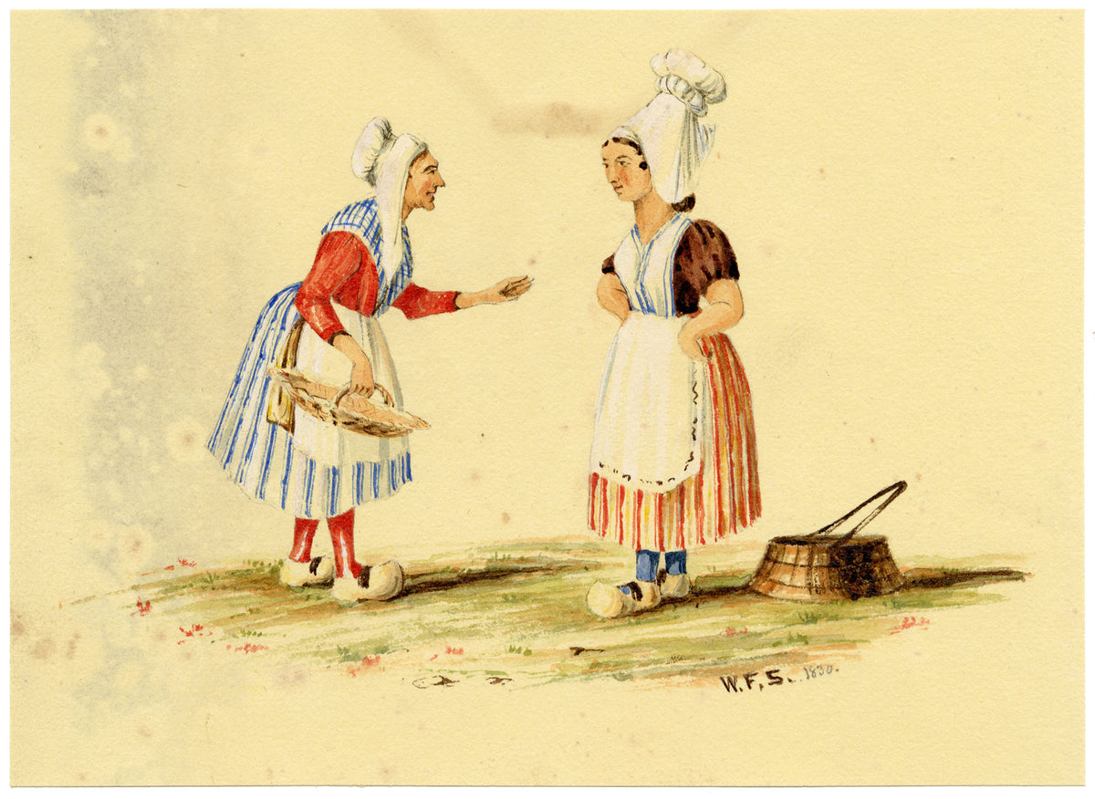 W.F.S., Normandy Women in Traditional Dress – 1830 watercolour painting