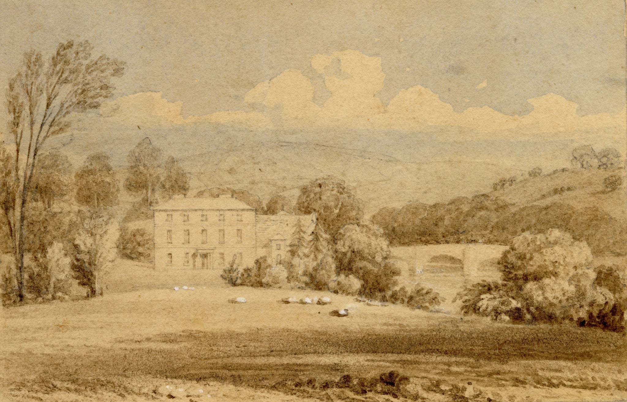 John Preston Neale, Pen Pont Estate of Penry Williams, Brecknockshire, Wales – c.1820 watercolour painting