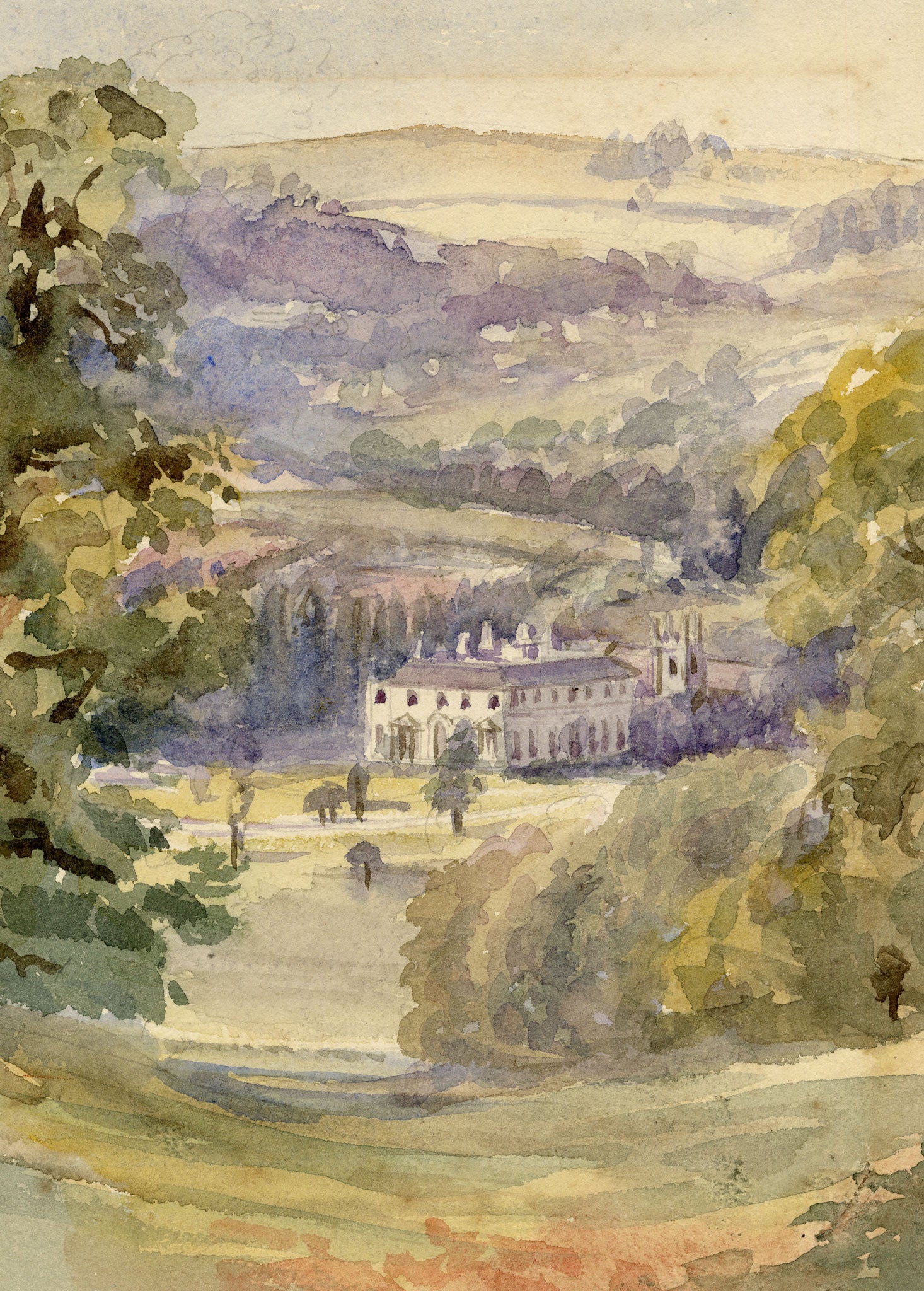 William Martin Conway, Combe Hay Manor & Church, Bath, Somerset – c.1897 watercolour painting