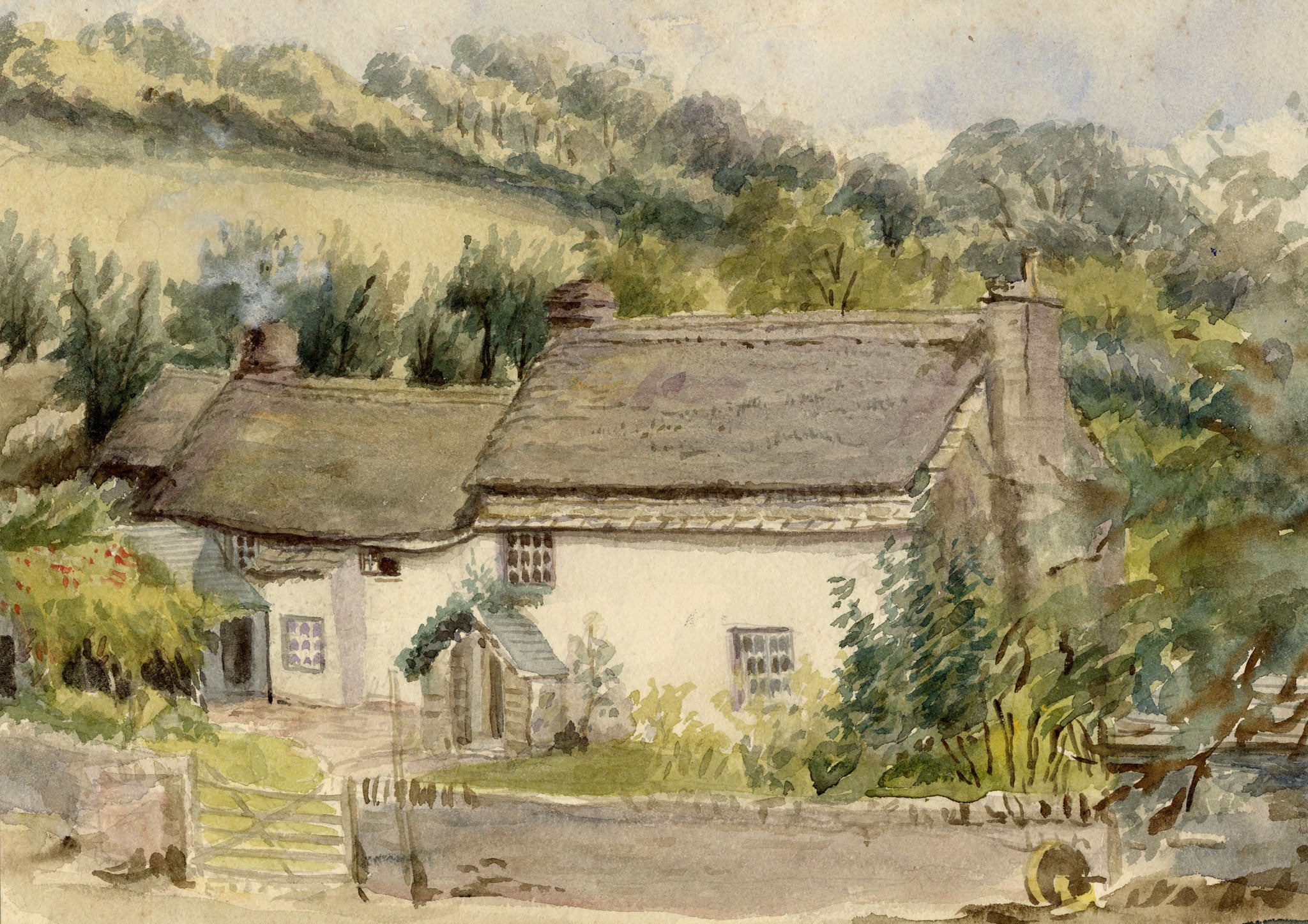 William Martin Conway, Thatched House, Martinhoe, North Devon – c.1897 watercolour painting