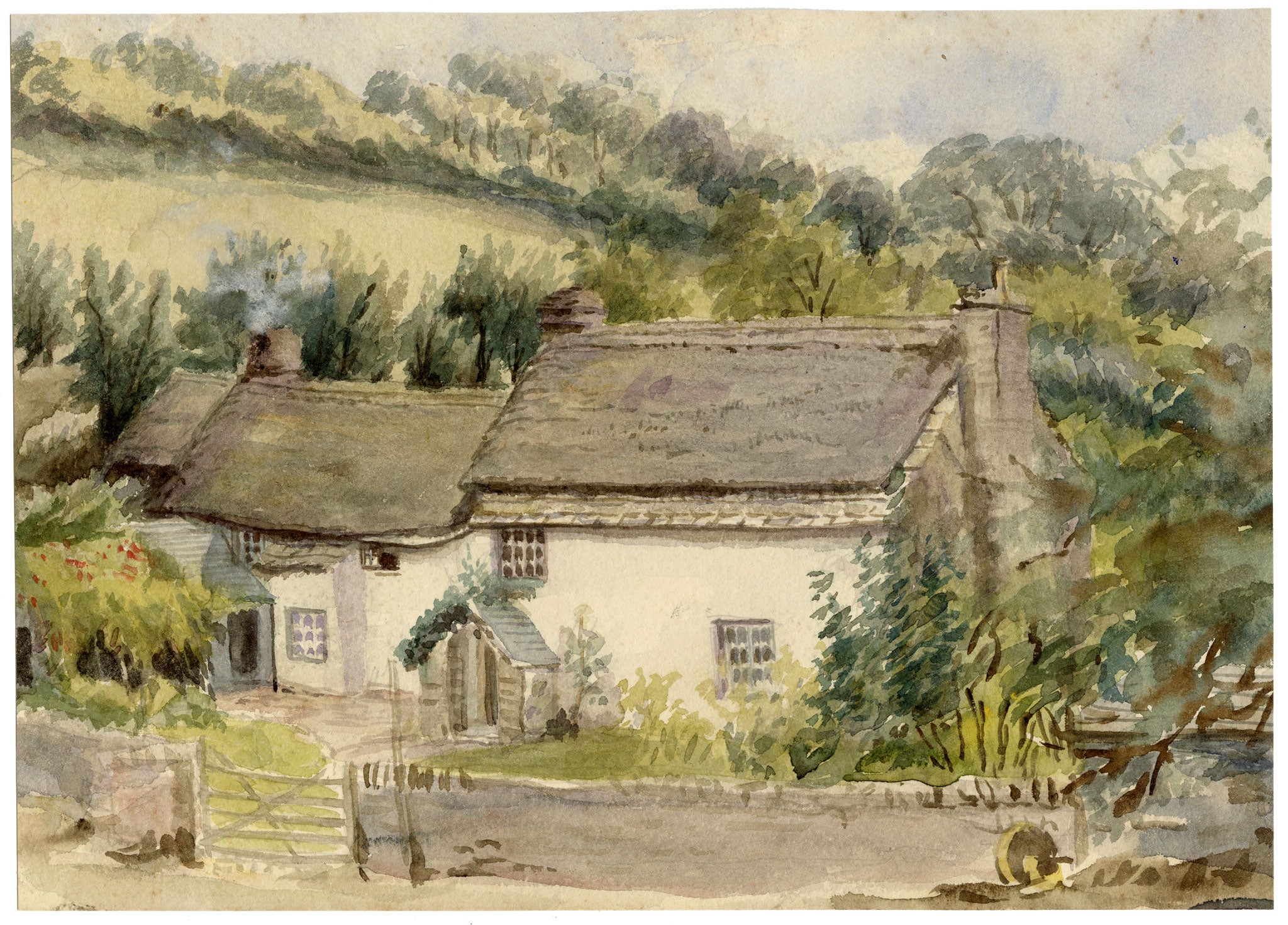 William Martin Conway, Thatched House, Martinhoe, North Devon – c.1897 watercolour painting