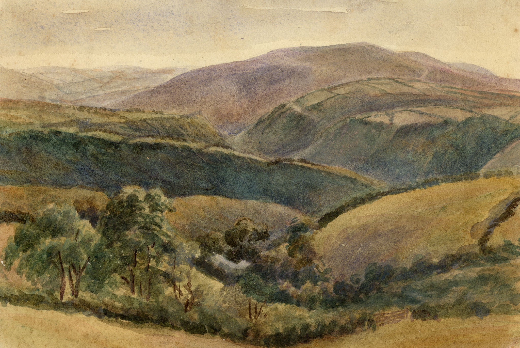 William Martin Conway, Trentishoe Beacon from Martinhoe, North Devon – 1897 watercolour painting