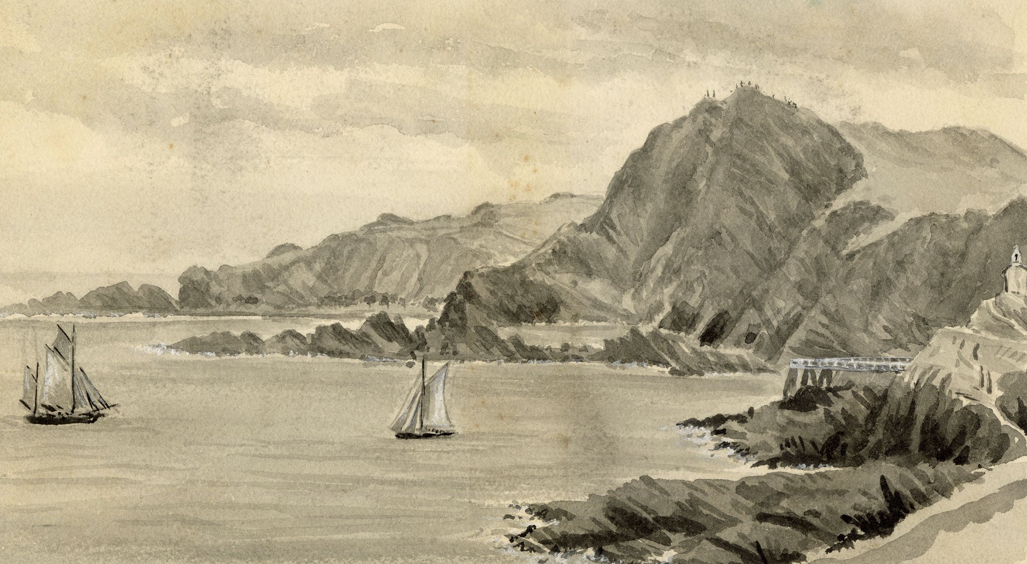 William Martin Conway, Hillsborough & Entrance to Harbour, Ilfracombe, Devon – 1896 watercolour painting