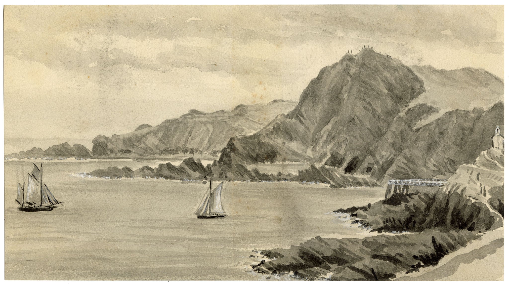 William Martin Conway, Hillsborough & Entrance to Harbour, Ilfracombe, Devon – 1896 watercolour painting