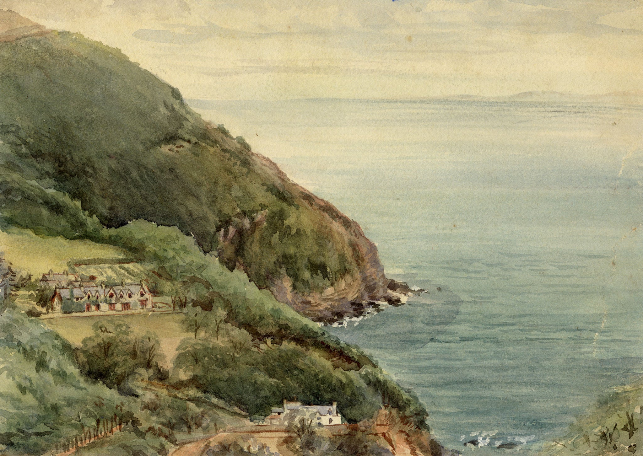 William Martin Conway, Woody Bay from Glen Hotel, North Devon Coast – 1896 watercolour painting