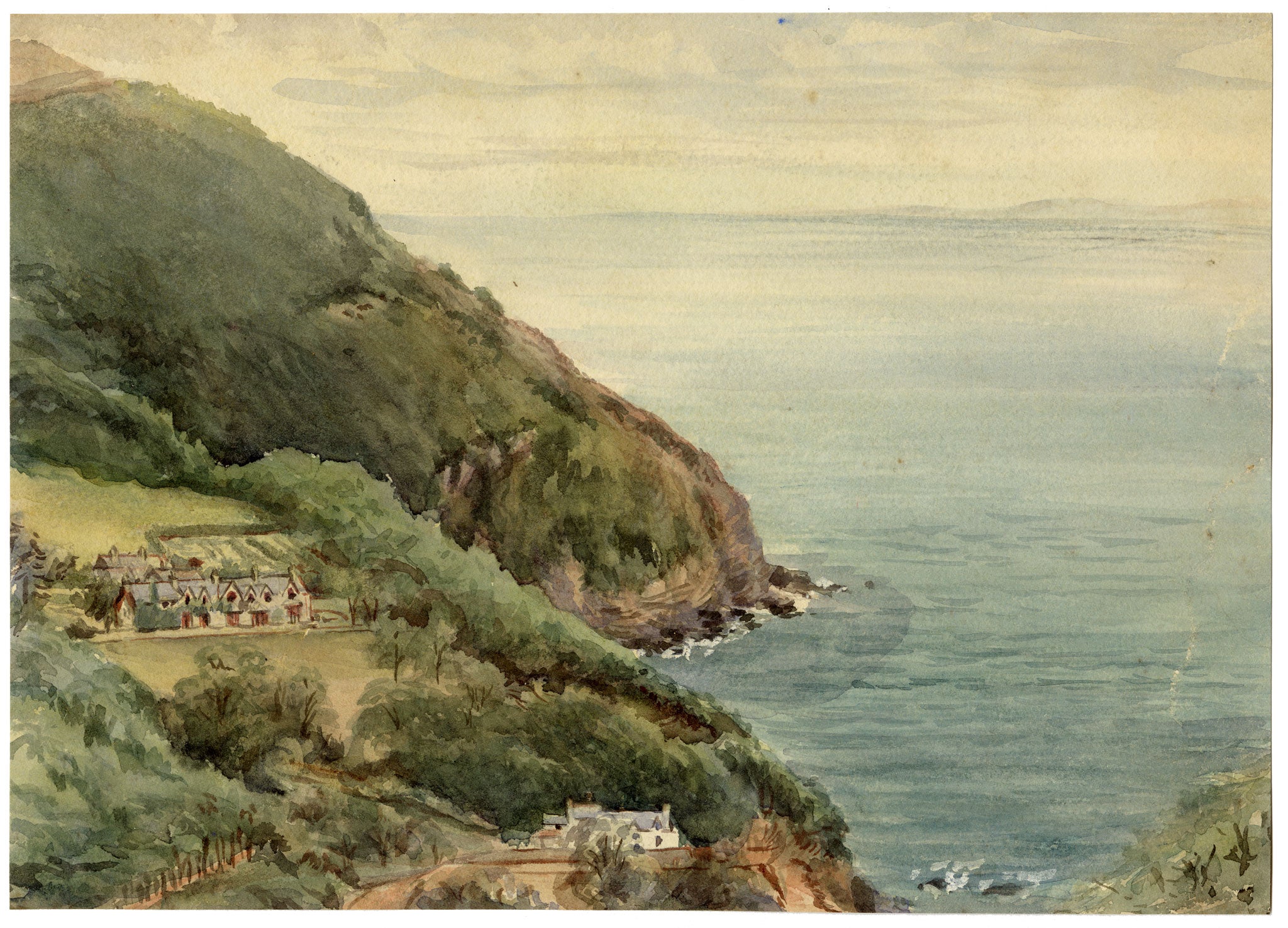 William Martin Conway, Woody Bay from Glen Hotel, North Devon Coast – 1896 watercolour painting