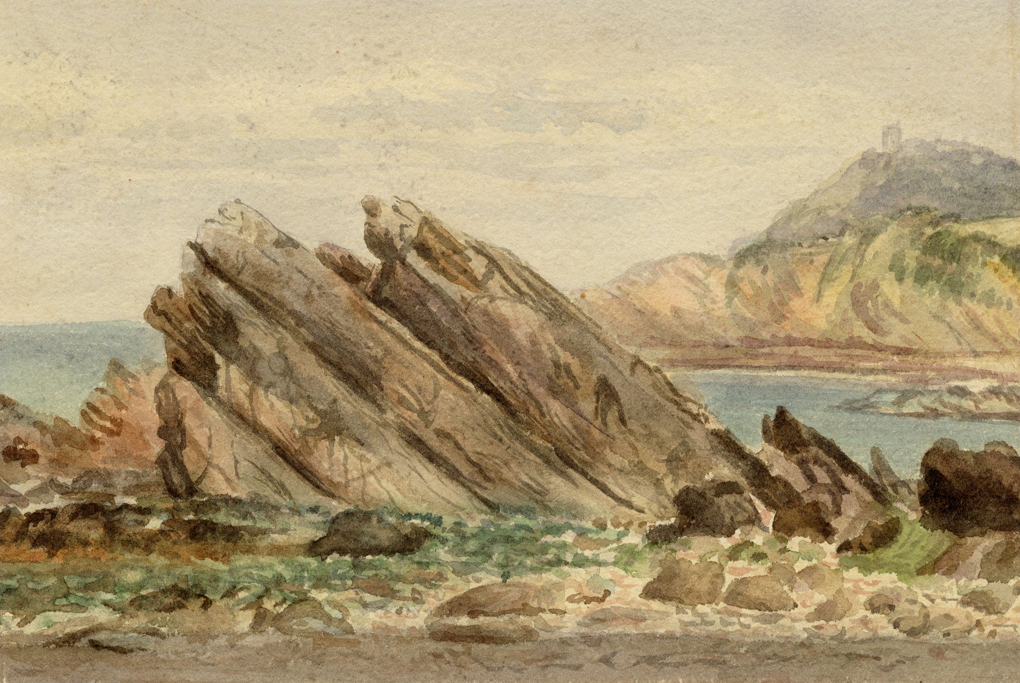 William Martin Conway, Woody Bay Rocks, North Devon Coast – 1896 watercolour painting
