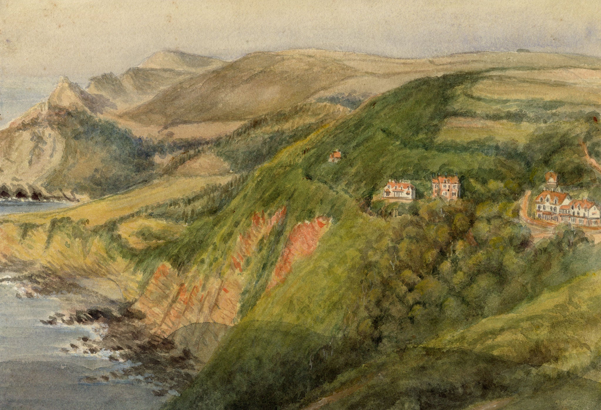William Martin Conway, Woody Bay & Glen Hotel, North Devon Coast – 1896 watercolour painting