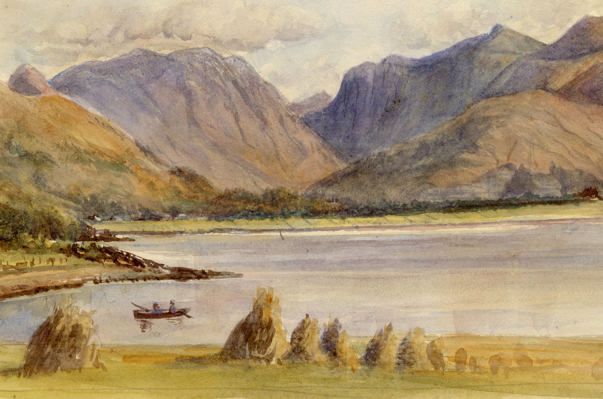 William Martin Conway, Loch Leven & Glencoe Mountains, Scottish Highlands – 1897 watercolour painting