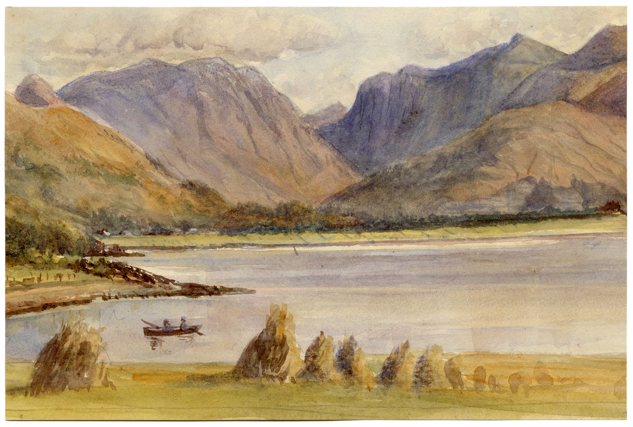 William Martin Conway, Loch Leven & Glencoe Mountains, Scottish Highlands – 1897 watercolour painting